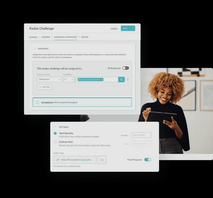 Workmates Kudos Challenge builder with assignee rules, reward quantity limits and a badge upload