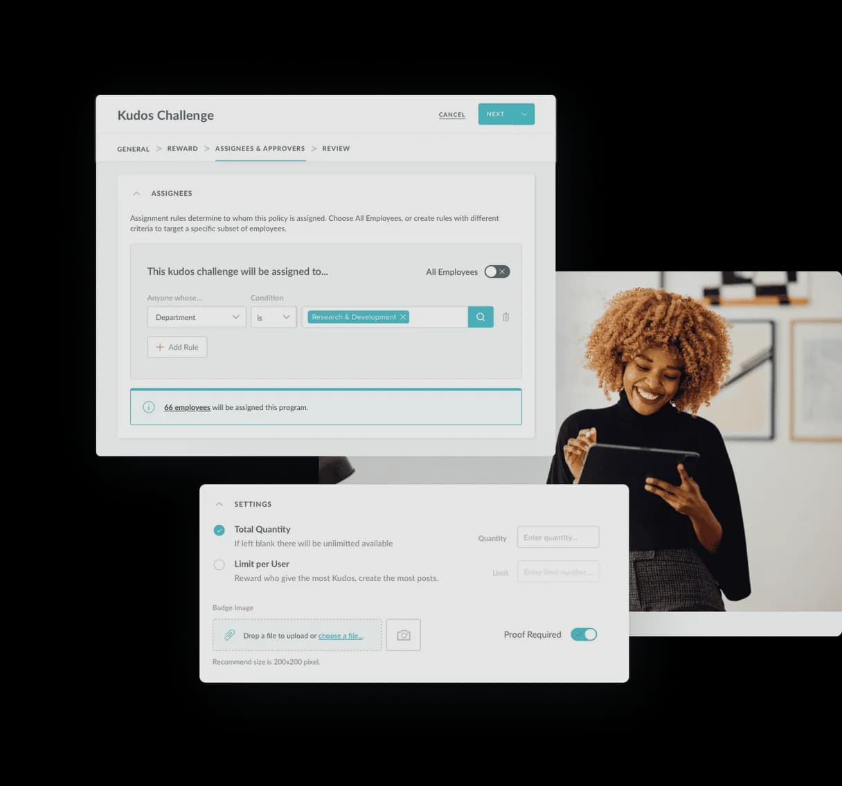 Workmates Kudos Challenge builder with assignee rules, reward quantity limits and a badge upload