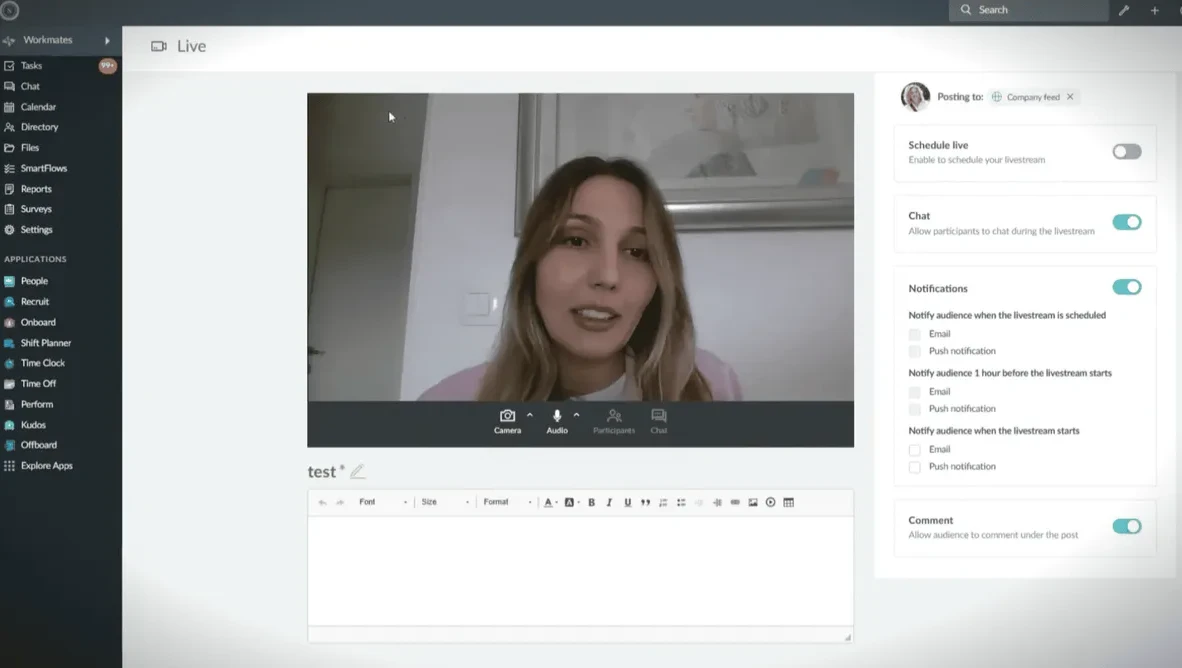 Workmates internal live streaming product screen
