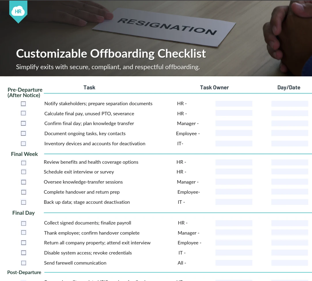 HR Cloud offboarding checklist document showing pre-departure, final week, and final day tasks