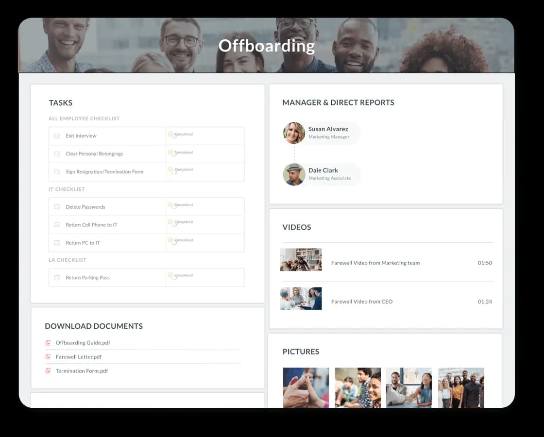 HR Cloud offboarding dashboard tracking an employee exit from trigger to completion