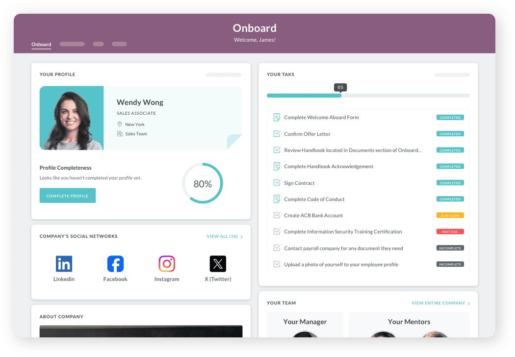 HR Cloud Onboard preboarding product interface
