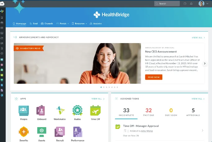 HR Cloud dashboard showing company announcements, the app launcher and assigned tasks