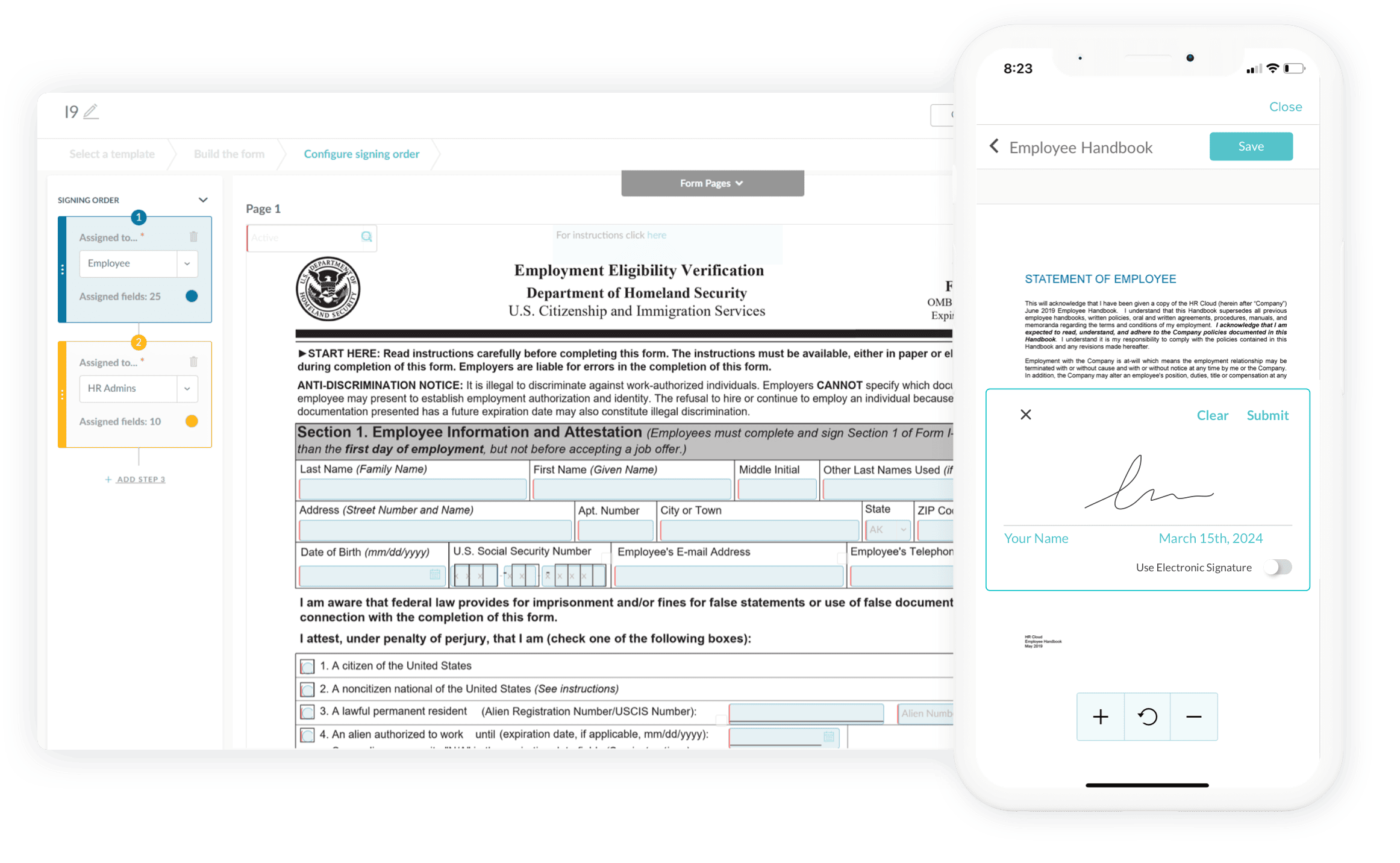 HR Cloud digital forms and e-sign product interface