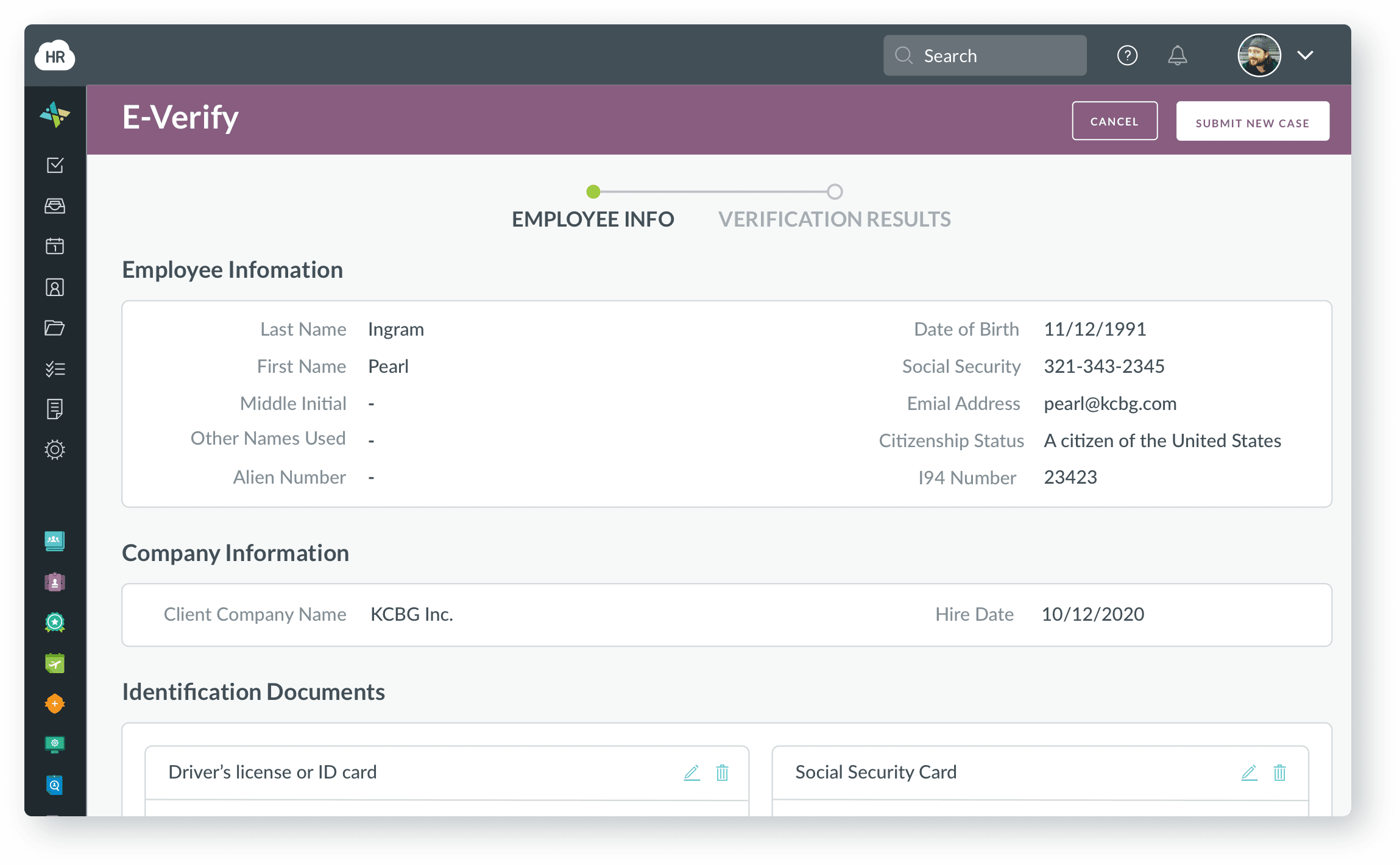 HR Cloud I-9 and E-Verify product interface