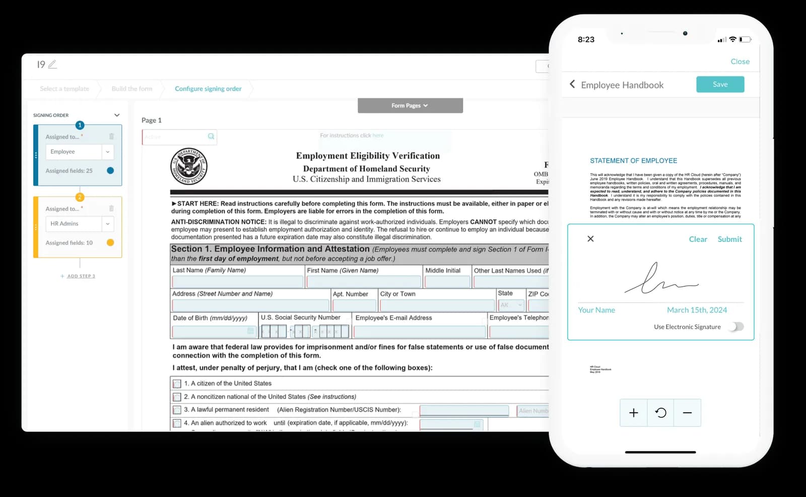 HR Cloud e-form builder and a mobile signature screen
