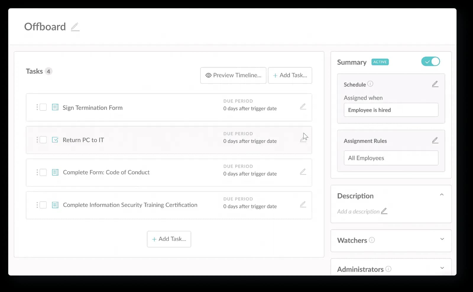 HR Cloud Offboard checklist showing tasks assigned with due periods