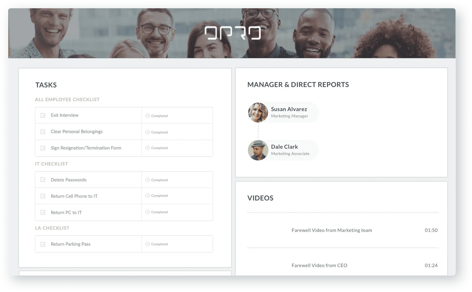 HR Cloud Offboard portal for one departing employee showing separate all-employee, IT and LA checklists
