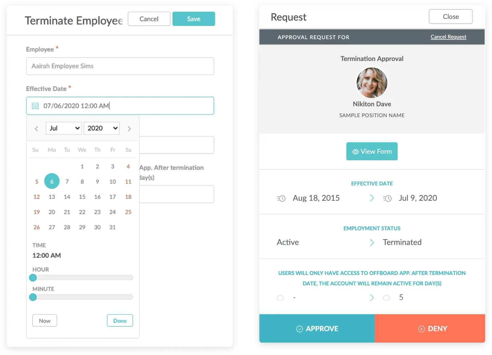HR Cloud termination workflow — a Terminate Employee form and its approval request