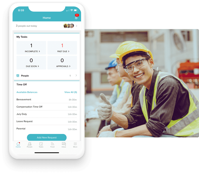 Hr Cloud mobile app and a happy construction worker showing thumbs up
