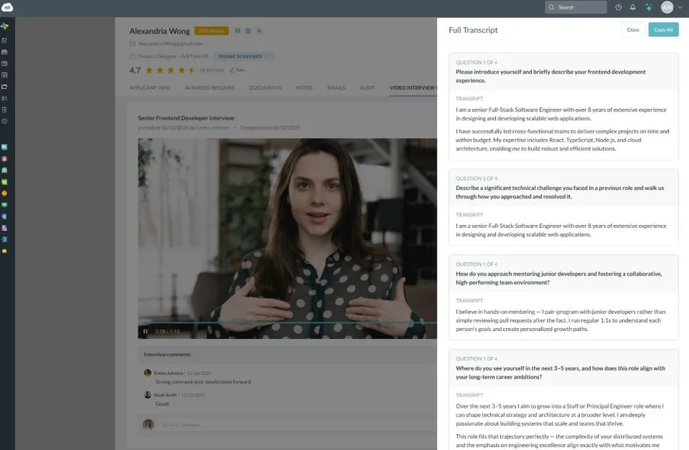 HR Cloud Recruit video interview with AI-generated full transcript